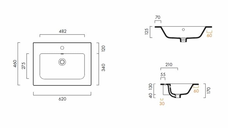 CATALANO PROGETTO umývadlo 62 cm, s otvorom pre batériu a prepadom, Cataglaze 62P46NLFC Technický nákres