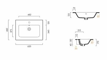 CATALANO PROGETTO umývadlo 62 cm, s otvorom pre batériu a prepadom, Cataglaze 62P46NLFC Technický nákres