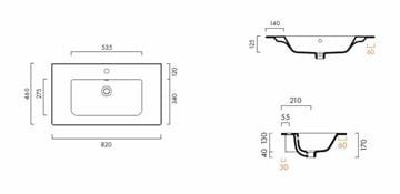 CATALANO PROGETTO umývadlo 82 cm, s otvorom pre batériu a prepadom, Cataglaze 82P46NLFC Technický nákres