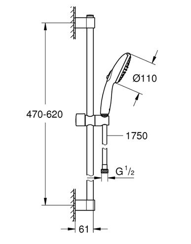 GROHE NEW TEMPESTA 110 sprchová súprava 3-dielna, ručná sprcha pr. 110 mm, 2 prúdy, tyč, hadica, chróm 2759830E Technický nákres