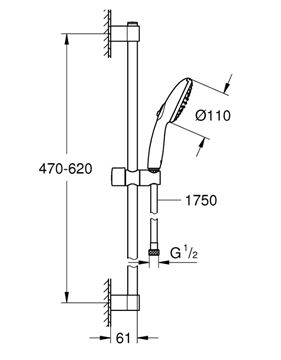 GROHE NEW TEMPESTA 110 sprchová súprava 3-dielna, ručná sprcha pr. 110 mm, 2 prúdy, tyč, hadica, chróm 2759830E Technický nákres