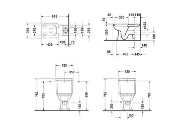 DURAVIT 1930 WC kombi misa, zadný odpad 0227090000 Technický nákres