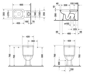 DURAVIT 1930 WC kombi misa, spodný odpad 0227010000 Technický nákres