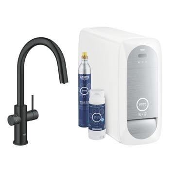 GROHE BLUE HOME drezová elektronická batéria, s vyťahovacou koncovkou, s filtračným a chladiacim zariadením, Bluetooth, napájanie zo siete, čierna