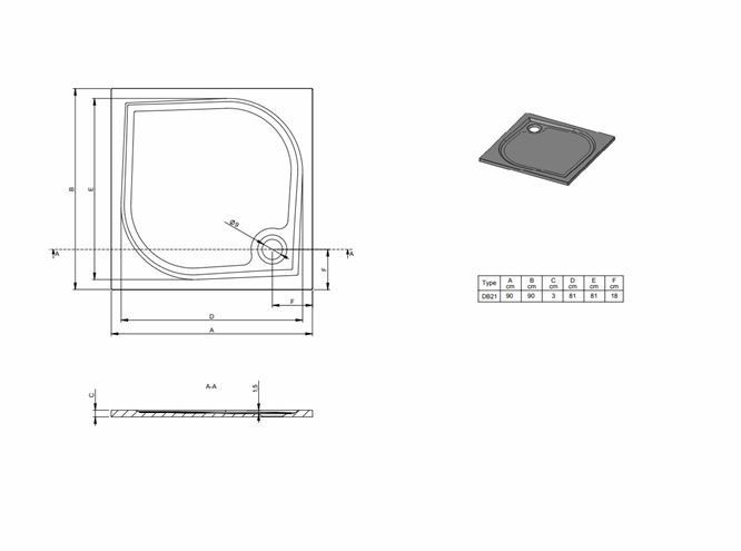 RIHO KOLPING DB21 sprchová vanička 90x90 cm, liaty mramor, s nožičkami, s protišmykom D004005005 Technický nákres