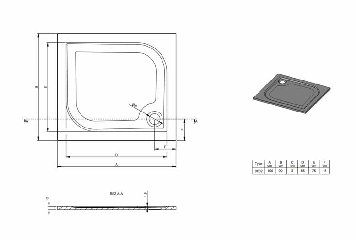 RIHO KOLPING DB32 sprchová vanička 100x90 cm, liaty mramor, s nožičkami, s protišmykom D004007005 Technický nákres