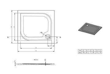 RIHO KOLPING DB32 sprchová vanička 100x90 cm, liaty mramor, s nožičkami, s protišmykom D004007005 Technický nákres