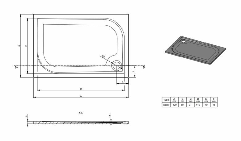 RIHO KOLPING DB33 sprchová vanička 120x80 cm, liaty mramor, s nožičkami, s protišmykom D004008005 Technický nákres