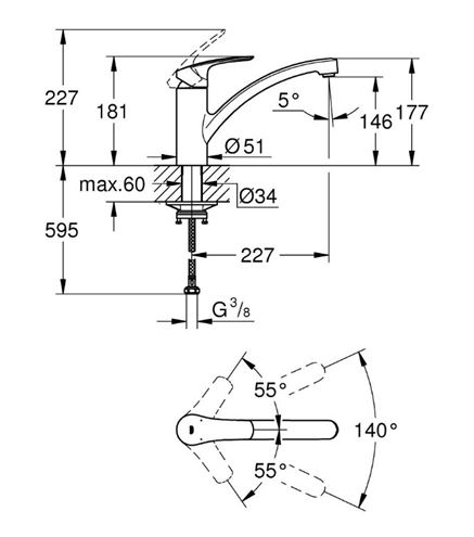 GROHE EUROSMART drezová batéria, matná čierna 332812433 Technický nákres