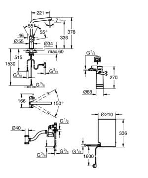 GROHE RED DUO drezová elektronická batéria, s ohrevom, veľkosť M, GROHE ChildLock, napájanie zo siete, čierna 30327KS1 Technický nákres