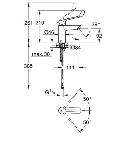 GROHE EUROSMART umývadlová stojanková batéria, Water Saving, chróm 23984003 Technický nákres