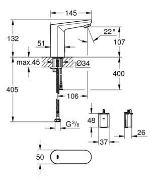 GROHE EUROSMART COSMOPOLITAN E umývadlová senzorová batéria, napájanie z batérie, Water Saving, chróm 36330002 Technický nákres