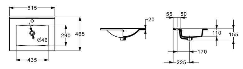 JIKA NOBU umývadlo 61,5 cm, s otvorom pre batériu a prepadom H8125110001041 Technický nákres