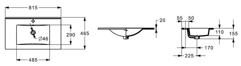 JIKA NOBU umývadlo 81,5 cm, s otvorom pre batériu a prepadom H8125120001041 Technický nákres