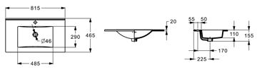 JIKA NOBU umývadlo 81,5 cm, s otvorom pre batériu a prepadom H8125120001041 Technický nákres