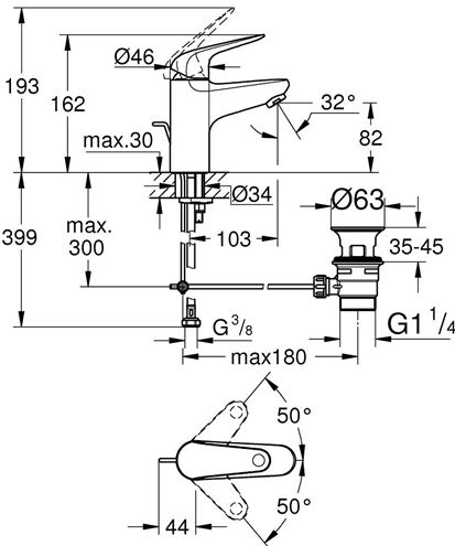 GROHE EUROECO umývadlová stojanková batéria, s odtokovou súpravou, Water Saving, chróm 23262001 Technický nákres