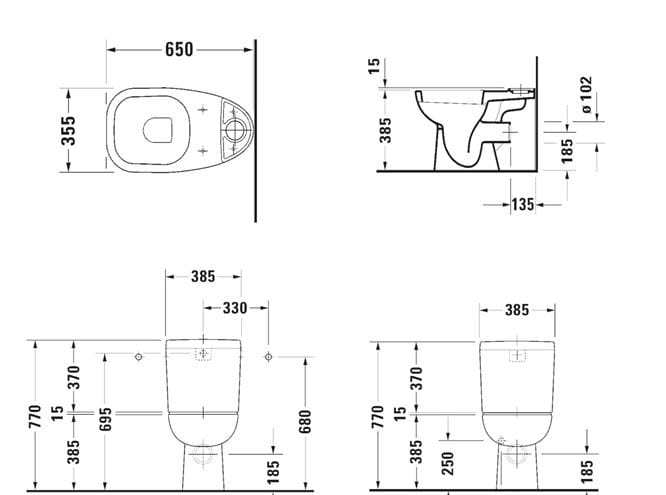 DURAVIT D-CODE WC kombi misa, zadný odpad 21110900002 Technický nákres