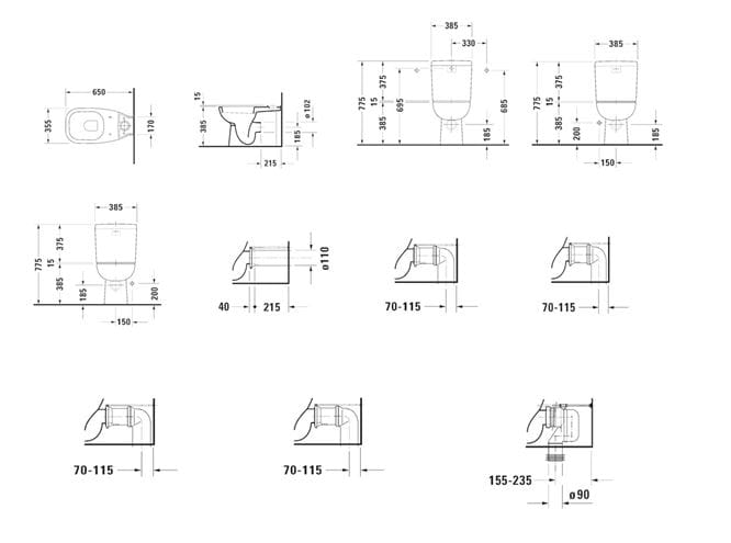 DURAVIT D-CODE WC kombi misa, vario odpad 21180900002 Technický nákres