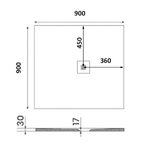 GELCO MITIA sprchová vanička 90x90 cm, liaty mramor, bez nožičiek PMB9090 Technický nákres