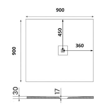 GELCO MITIA sprchová vanička 90x90 cm, liaty mramor, bez nožičiek, sivá PMS9090 Technický nákres