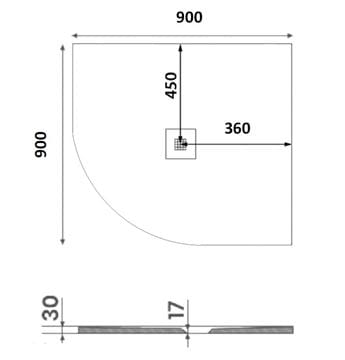GELCO MITIA sprchová vanička 90x90 cm, R550, liaty mramor, bez nožičiek PMBR90 Technický nákres