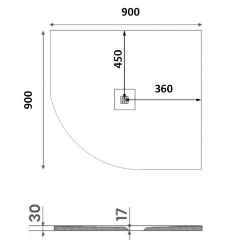 GELCO MITIA sprchová vanička 90x90 cm, R550, liaty mramor, bez nožičiek PMBR90 Technický nákres