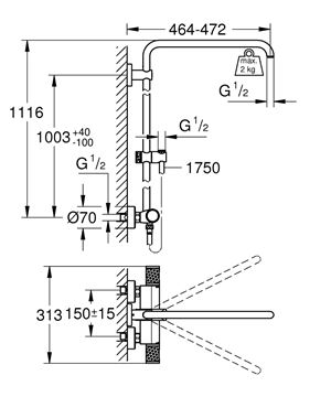 GROHE EUPHORIA SYSTEM sprchový set s termostatickou batériou, tyč, bez príslušenstva, chróm 26241001 Technický nákres