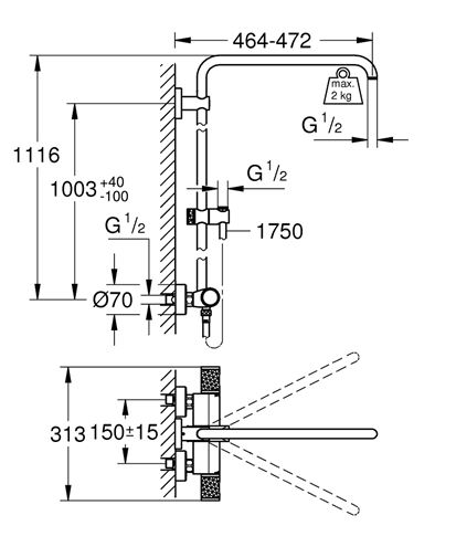 GROHE EUPHORIA SYSTEM sprchový set s termostatickou batériou, tyč, bez príslušenstva, chróm 26241001 Technický nákres