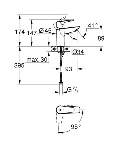 GROHE BAUEDGE umývadlová stojanková, Water Saving, chróm 24193001 Technický nákres