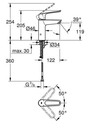 GROHE EUROSMART umývadlová stojanková batéria, Water Saving, chróm 23987003 Technický nákres