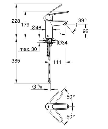 GROHE EUROSMART umývadlová stojanková batéria, Water Saving, chróm 23986003 Technický nákres