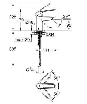 GROHE EUROSMART umývadlová stojanková batéria, Water Saving, chróm 23986003 Technický nákres