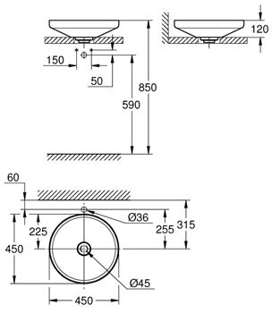 GROHE AIRIO umývadlová misa 45 cm, bez prepadu, PureGuard, alpská biela 3995800H Technický nákres