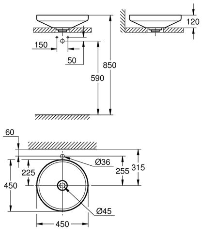 GROHE AIRIO umývadlová misa 45 cm, bez prepadu, PureGuard, alpská biela 3995800H Technický nákres