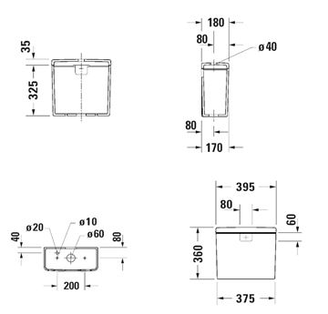 DURAVIT D-NEO WC kombi nádržka, spodný prívod vody, Dual-Flush 0944100005 Technický nákres