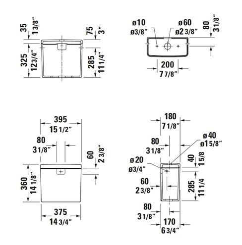DURAVIT D-NEO WC kombi nádržka, bočný prívod vody, Dual-Flush 0944000005 Technický nákres