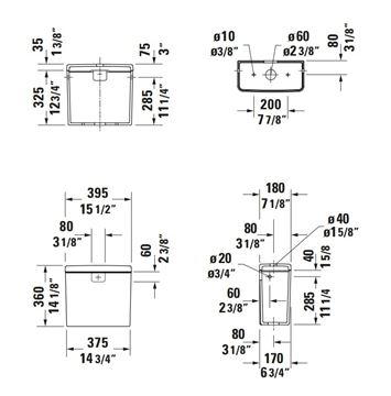 DURAVIT D-NEO WC kombi nádržka, bočný prívod vody, Dual-Flush 0944000005 Technický nákres