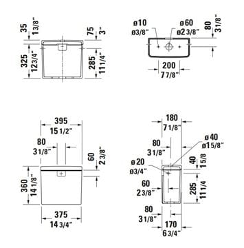 DURAVIT D-NEO WC kombi nádržka, bočný prívod vody, Dual-Flush 0944000085 Technický nákres