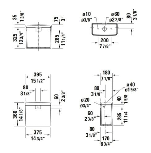 DURAVIT D-NEO WC kombi nádržka, bočný prívod vody, Dual-Flush 0944000085 Technický nákres
