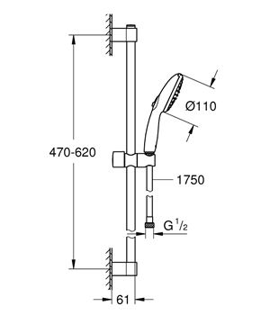 GROHE TEMPESTA 110 sprchová súprava 3-dielna, ručná sprcha pr. 110 mm, tyč, hadica, Water Saving, matná čierna 261622433 Technický nákres