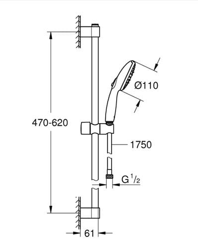 GROHE TEMPESTA 110 sprchová súprava 3-dielna, ručná sprcha pr. 110 mm, 3 prúdy, tyč, hadica, chróm 27794003 Technický nákres