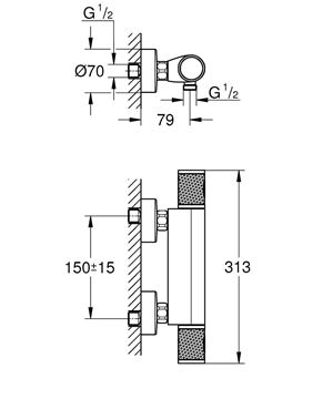 GROHE GROHTHERM 1000 PERFORMANCE sprchová nástenná termostatická batéria, Water Saving, matná čierna 34827KF0 Technický nákres