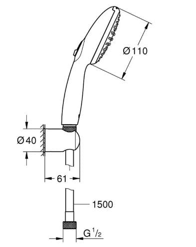 GROHE TEMPESTA 110 sprchová súprava 3-dielna, ručná sprcha pr. 110 mm, 2 prúdy, hadica, držiak, Water Saving Plus, chróm 2780330E Technický nákres