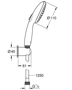 GROHE TEMPESTA 110 sprchová súprava 3-dielna, ručná sprcha pr. 110 mm, 2 prúdy, hadica, držiak, Water Saving Plus, chróm 2779930E Technický nákres