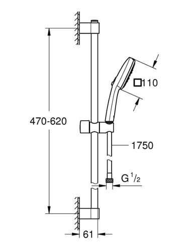 GROHE TEMPESTA CUBE 110 sprchová súprava 3-dielna, ručná sprcha 110x110 mm, 3 prúdy, hadica, tyč, chróm 27786003 Technický nákres