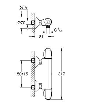 GROHE GROHTHERM 1000 sprchová nástenná termostatická batéria, Water Saving, matná čierna 348142433 Technický nákres
