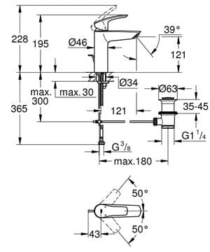 GROHE EUROSMART umývadlová stojanková batéria, s odtokovou súpravou, matná čierna 233222433 Technický nákres