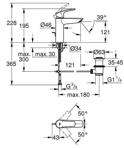 GROHE EUROSMART umývadlová stojanková batéria, s odtokovou súpravou, matná čierna 233222433 Technický nákres