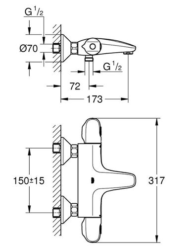 GROHE GROHTHERM 1000 vaňová nástenná termostatická batéria, s prepínačom, Water Saving, matná čierna 348162433 Technický nákres