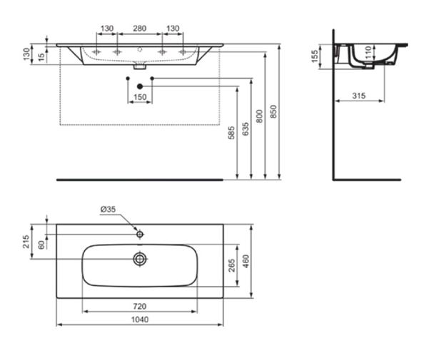 IDEAL STANDARD I.LIFE A umývadlo 104 cm, s otvorom pre batériu a prepadom T462101 Technický nákres